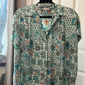 🌿 Jodifl Boho Mint Green & Orange Floral Blouse - Size Large 🌿